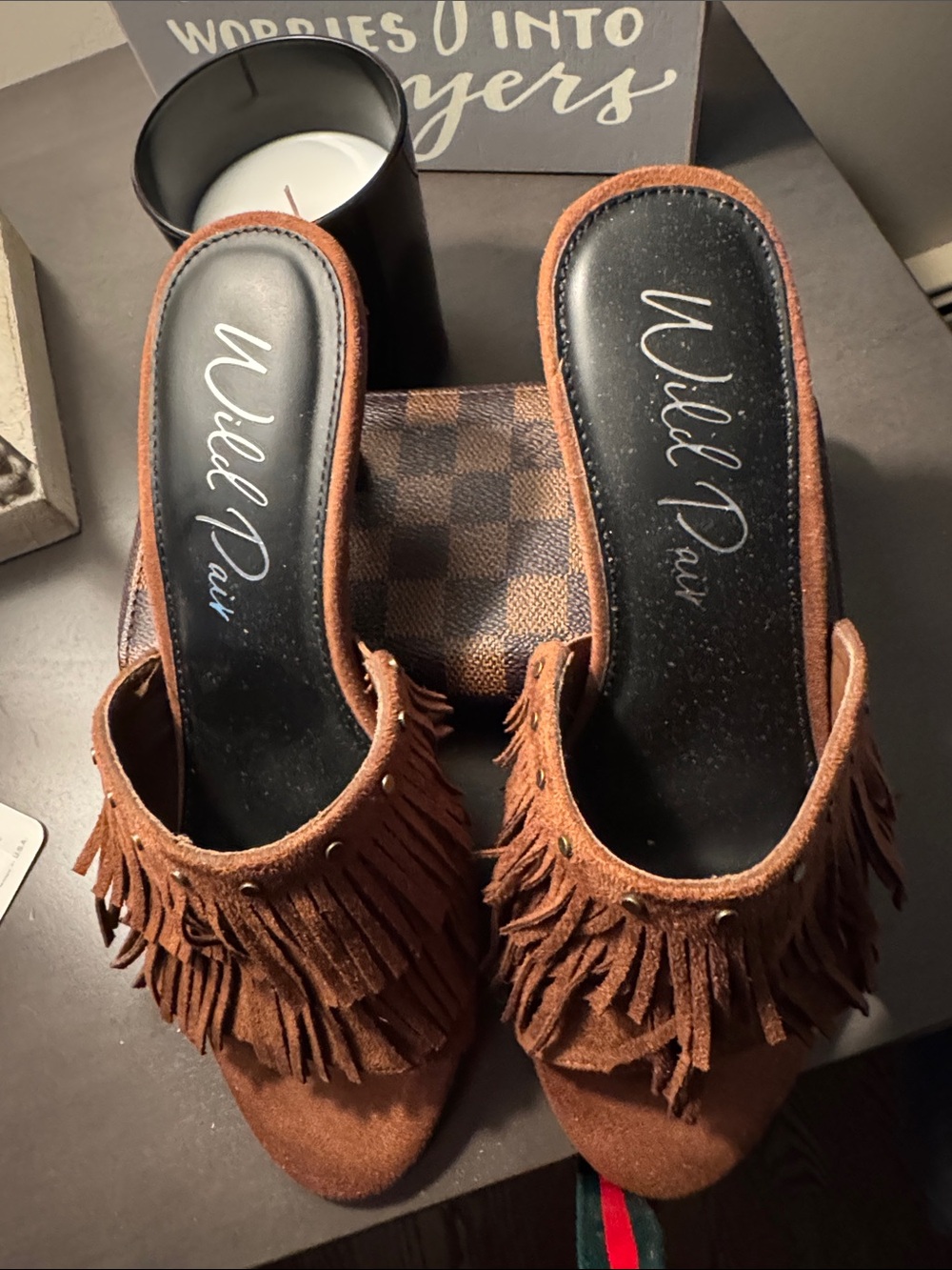 Wild Pair Brown Suede Fringe Slide Mules